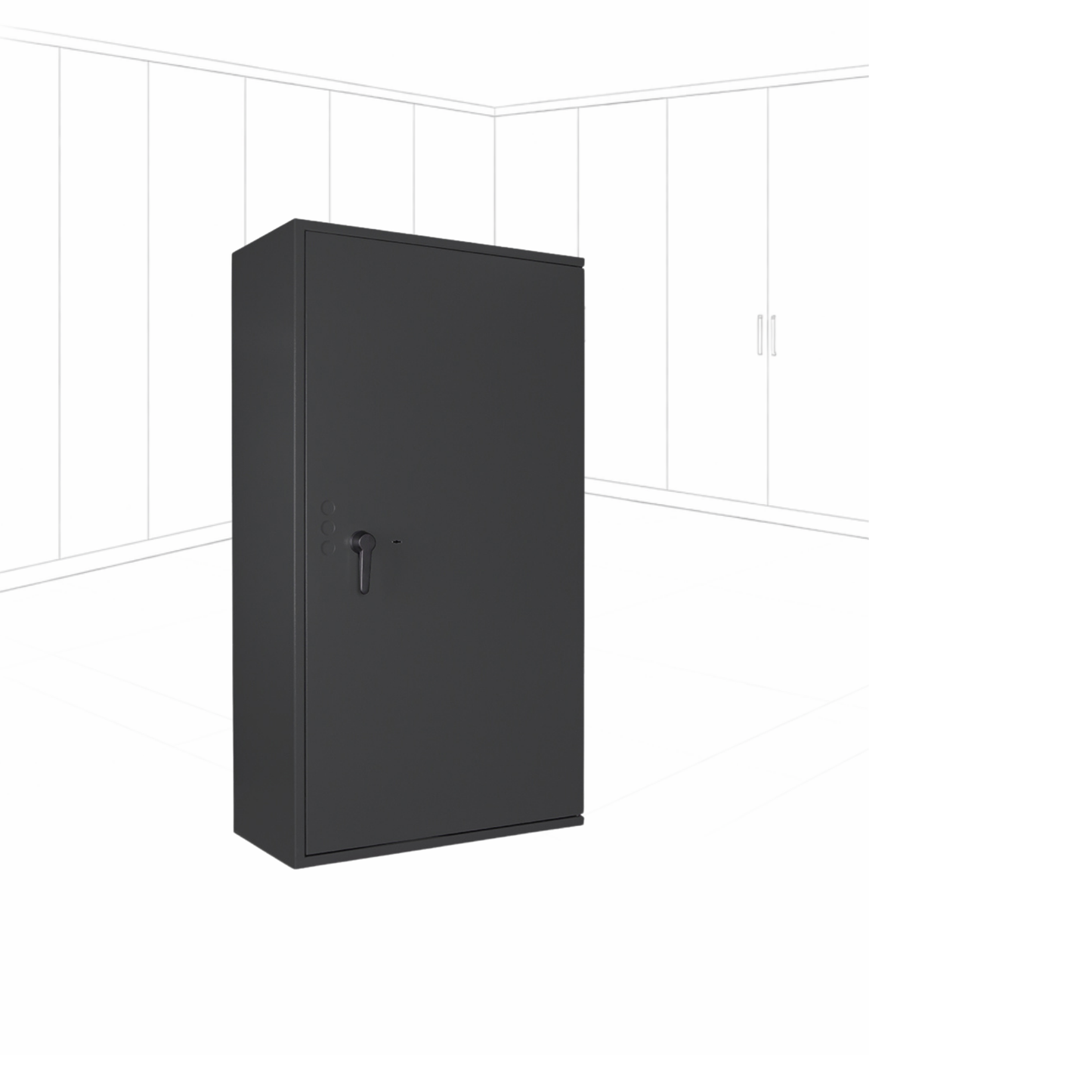 Geöffneter WertSicher Tresor Compact Format Lyra 18 in Graphitgrau mit Ablagefach und Wertgegenständen im Innenraum.