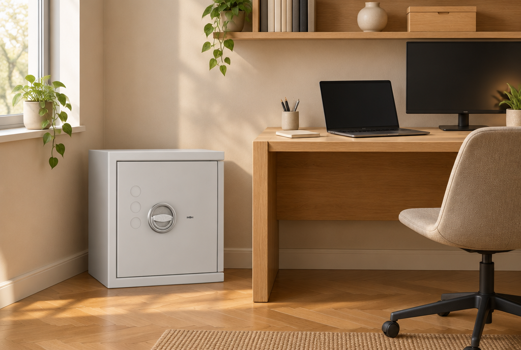 Tresor im Homeoffice: Wertschutztresor neben Schreibtisch im Arbeitszimmer