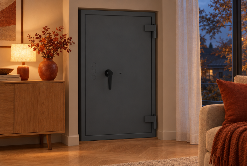 Wertschutztresor im Wohnzimmer am Herbstabend – Einbruchsaison Herbst, Tresor