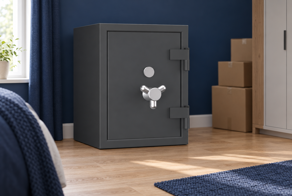 Wertschutztresor FLEX2 im Schlafzimmer der neuen Wohnung – Tresor Umzug mit Umzugskartons