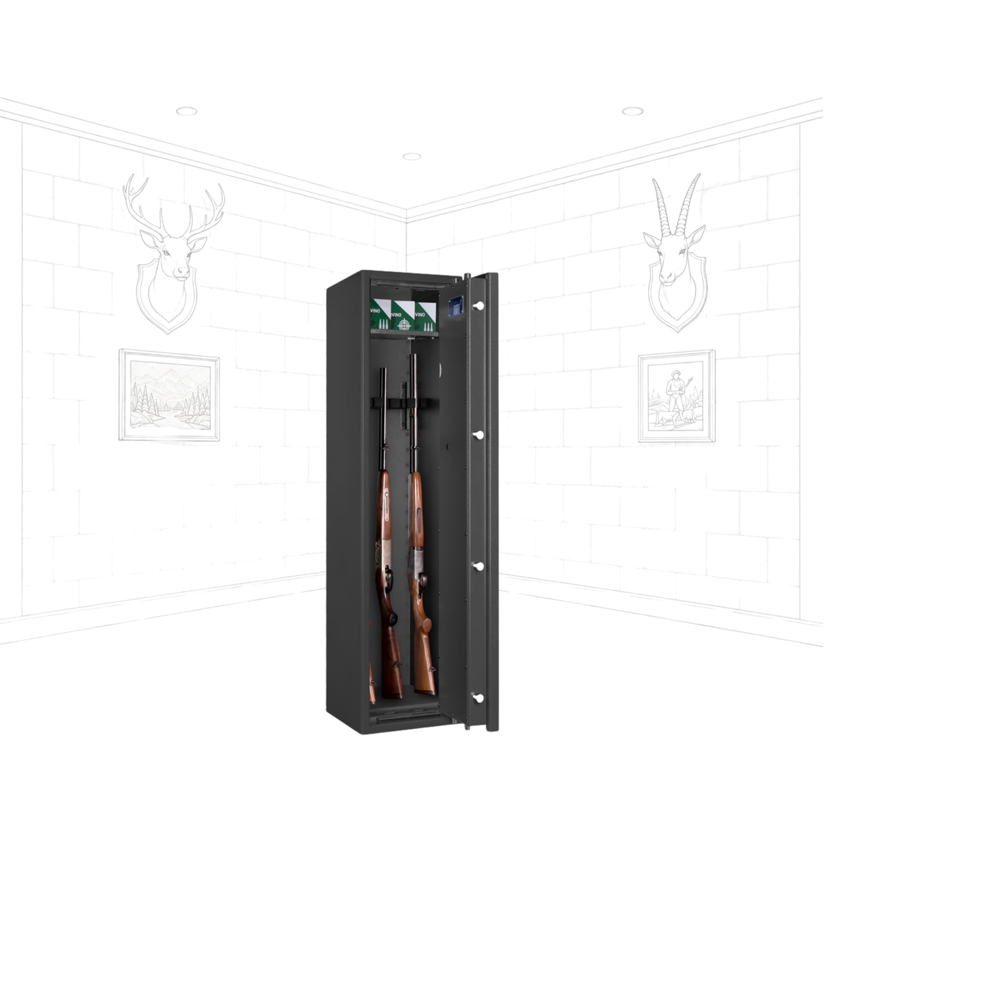 Geöffneter WaffenSicher Tresor Entry ohne Regal Format Corvino 1 in Graphitgrau mit Ablagefach und Waffenhalter im Innenraum.
