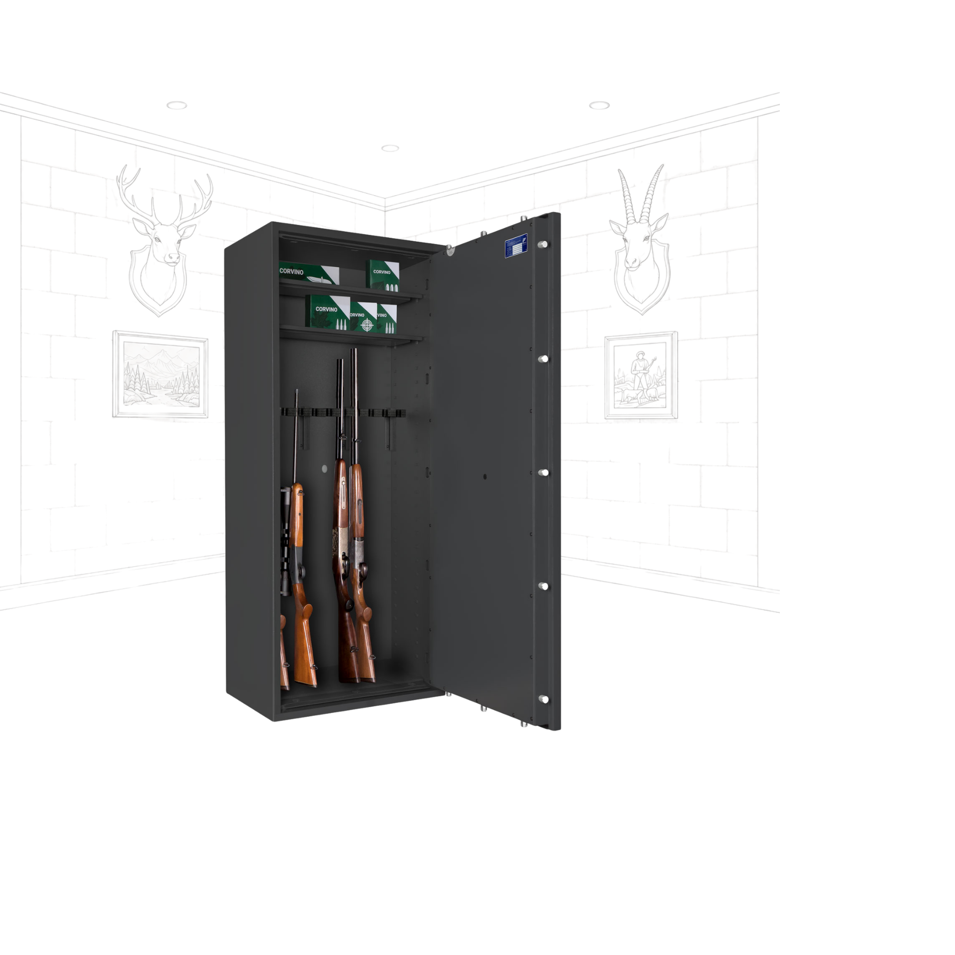 Geöffneter WaffenSicher Tresor Entry ohne Regal Format Corvino 6 in Graphitgrau mit Ablagefach und Waffenhalter im Innenraum.
