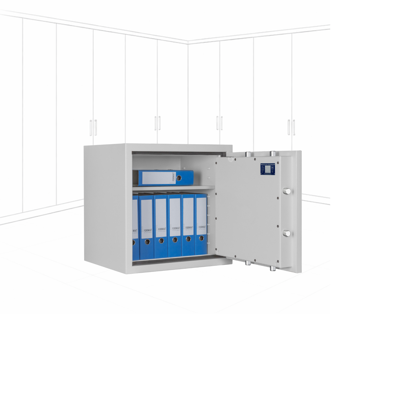 Geöffneter WertSicher Tresor Flex1 Format Gemini Pro 10 in Lichtgrau mit Ablagefach und Wertgegenständen im Innenraum.