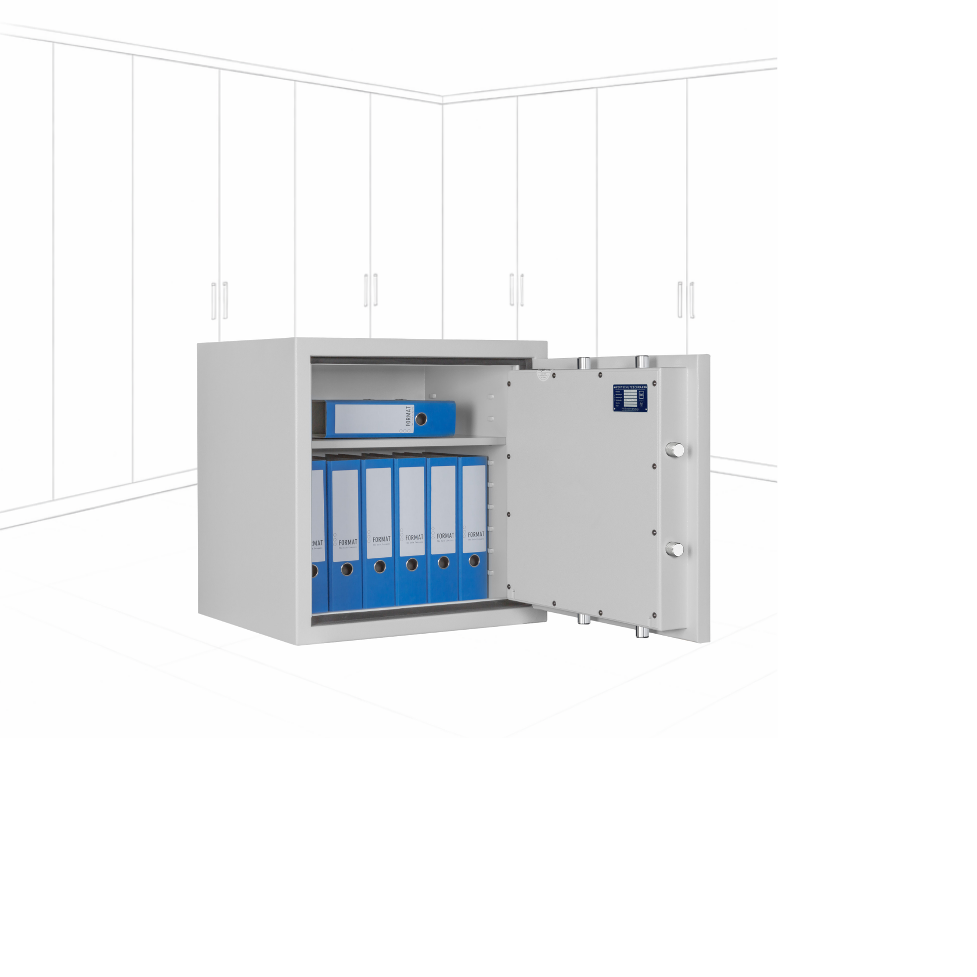 Geöffneter WertSicher Tresor Flex1 Format Gemini Pro 10 in Lichtgrau mit Ablagefach und Wertgegenständen im Innenraum.