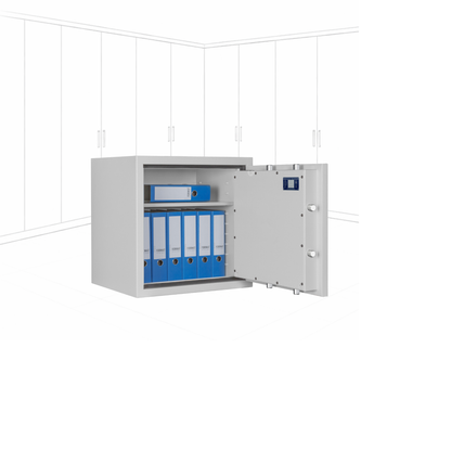 Geöffneter WertSicher Tresor Flex1 Format Gemini Pro 10 in Lichtgrau mit Ablagefach und Wertgegenständen im Innenraum.