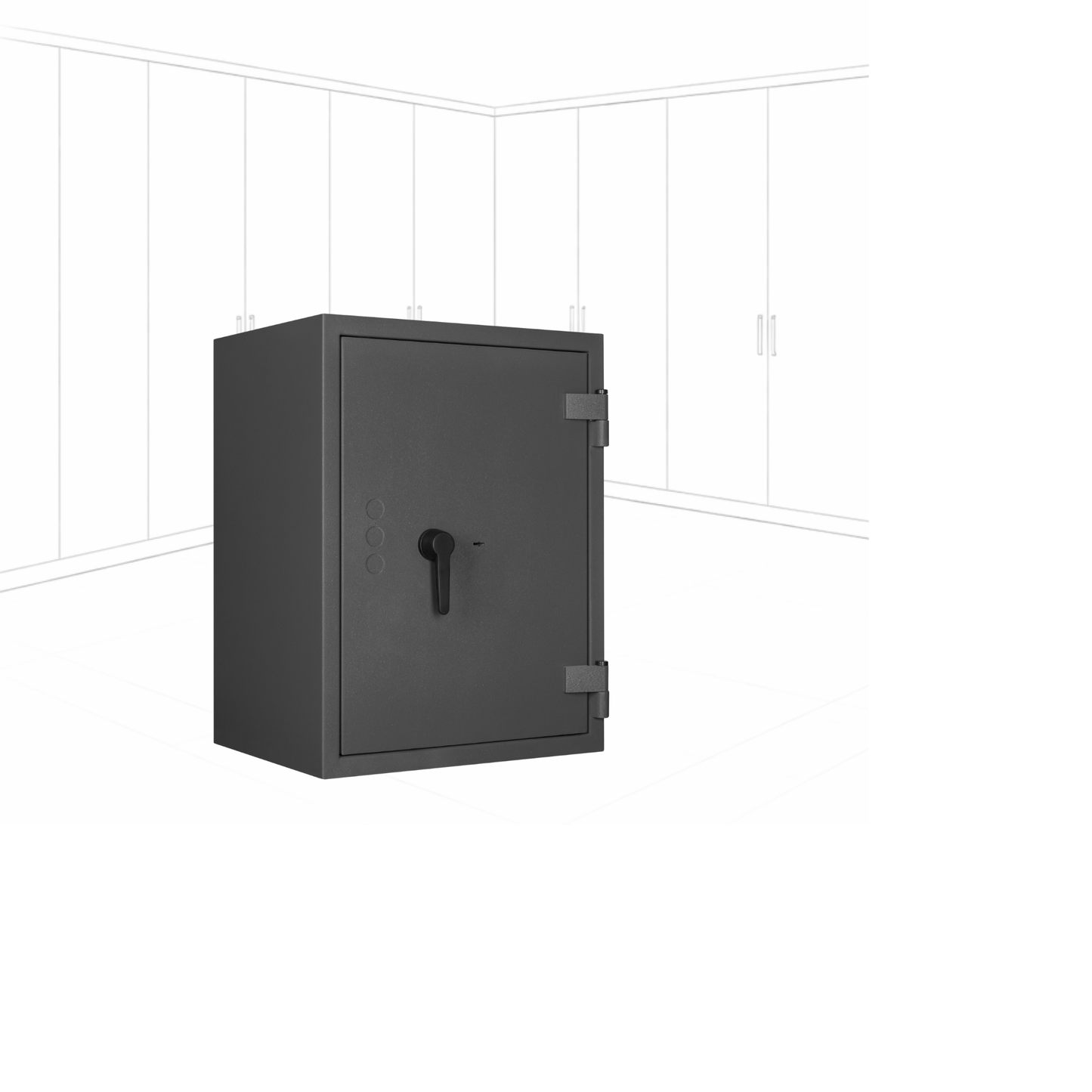 Geöffneter WertSicher Tresor Flex1 Format Gemini Pro 20 in Graphitgrau mit Ablagefach und Wertgegenständen im Innenraum.