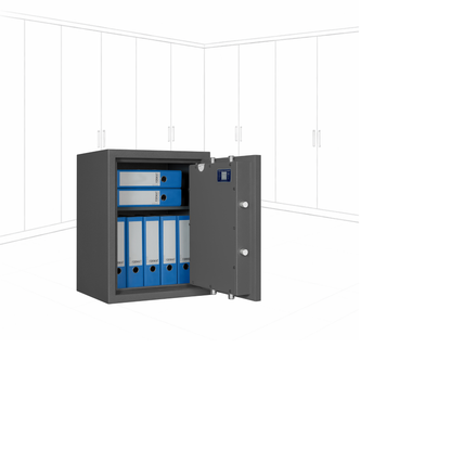 Geöffneter WertSicher Tresor Flex1 Format Gemini Pro 2 in Graphitgrau mit Ablagefach und Wertgegenständen im Innenraum.