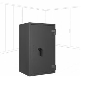 Geöffneter WertSicher Tresor Flex1 Format Gemini Pro 40 in Graphitgrau mit Ablagefach und Wertgegenständen im Innenraum.