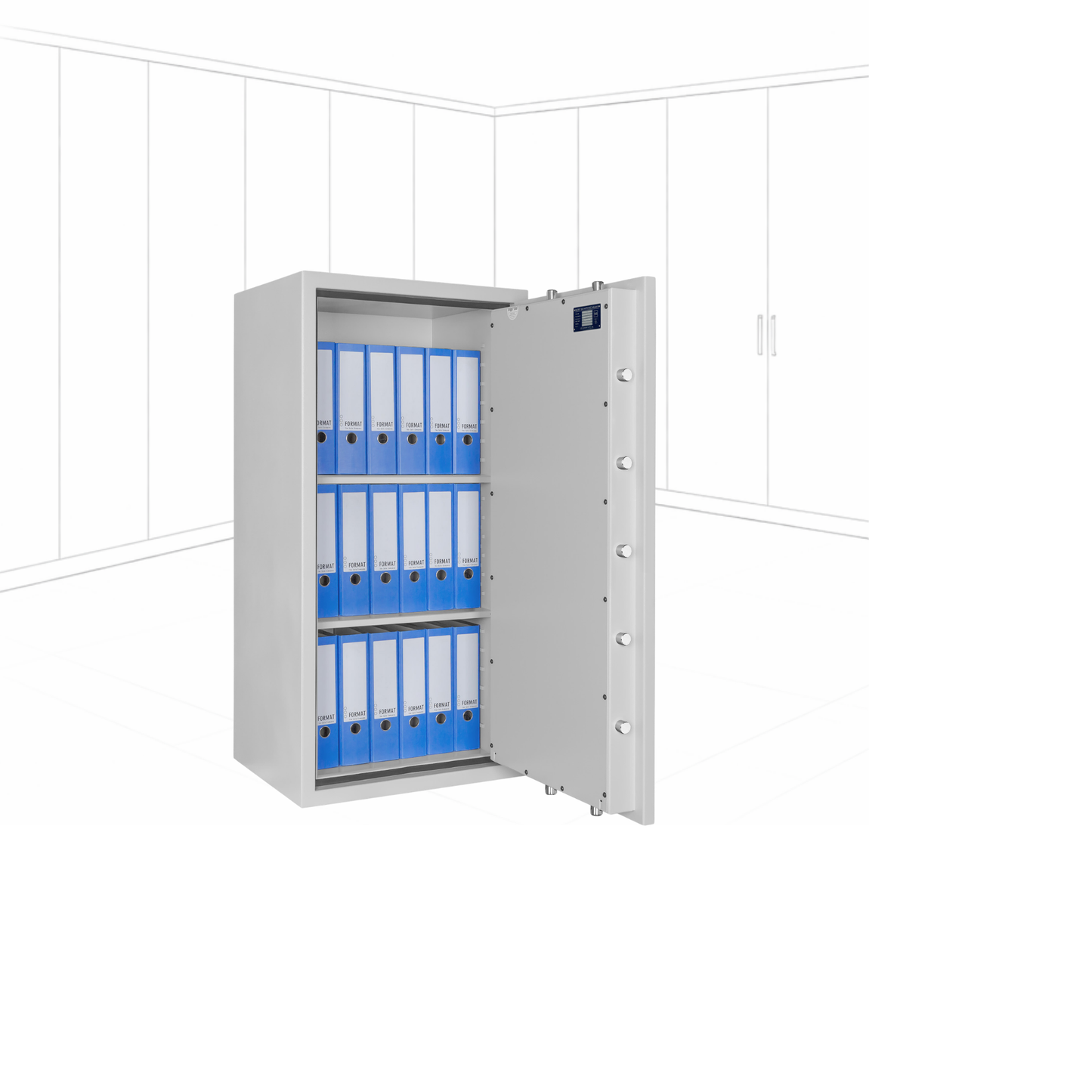 Geöffneter WertSicher Tresor Flex1 Format Gemini Pro 50 in Lichtgrau mit Ablagefach und Wertgegenständen im Innenraum.