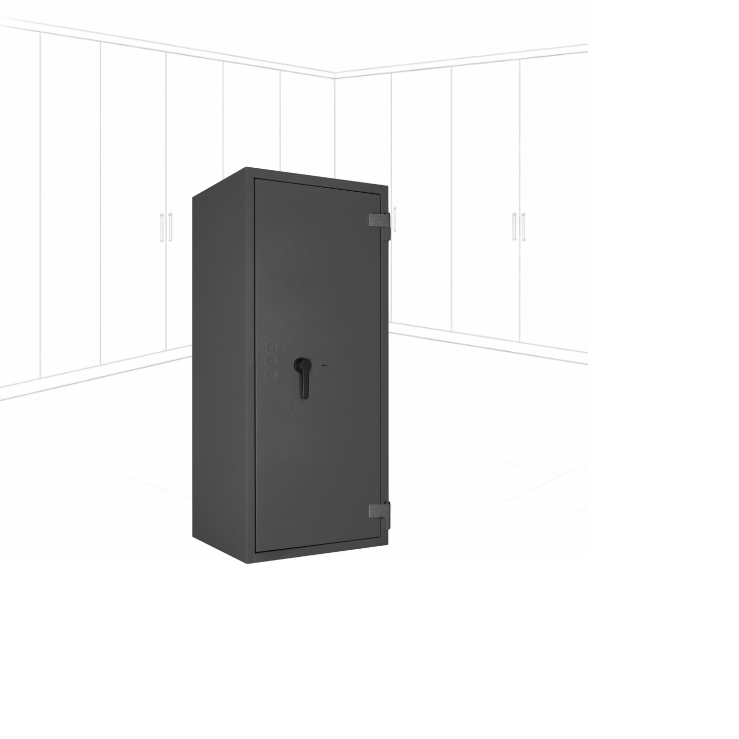 Geöffneter WertSicher Tresor Flex1 Format Gemini Pro 55 in Graphitgrau mit Ablagefach und Wertgegenständen im Innenraum.
