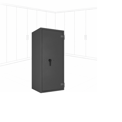 Geöffneter WertSicher Tresor Flex1 Format Gemini Pro 55 in Graphitgrau mit Ablagefach und Wertgegenständen im Innenraum.
