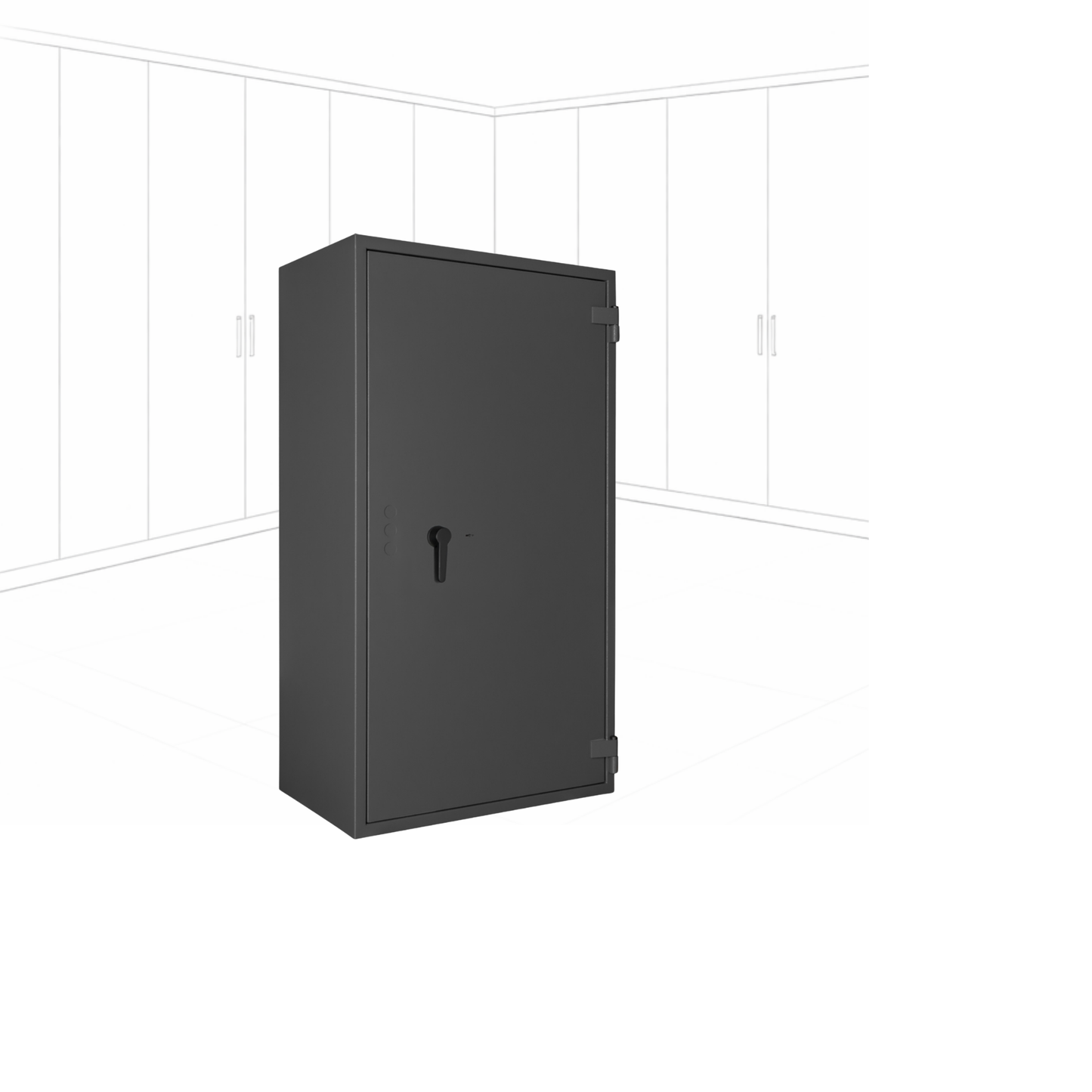 Geöffneter WertSicher Tresor Flex1 Format Gemini Pro 70 in Graphitgrau mit Ablagefach und Wertgegenständen im Innenraum.