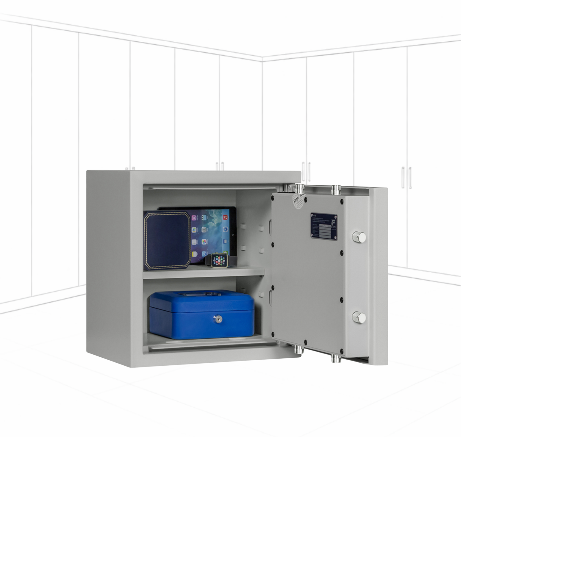 Geöffneter WertSicher Tresor Compact Format Lyra 1 in Lichtgrau mit Ablagefach und Wertgegenständen im Innenraum.