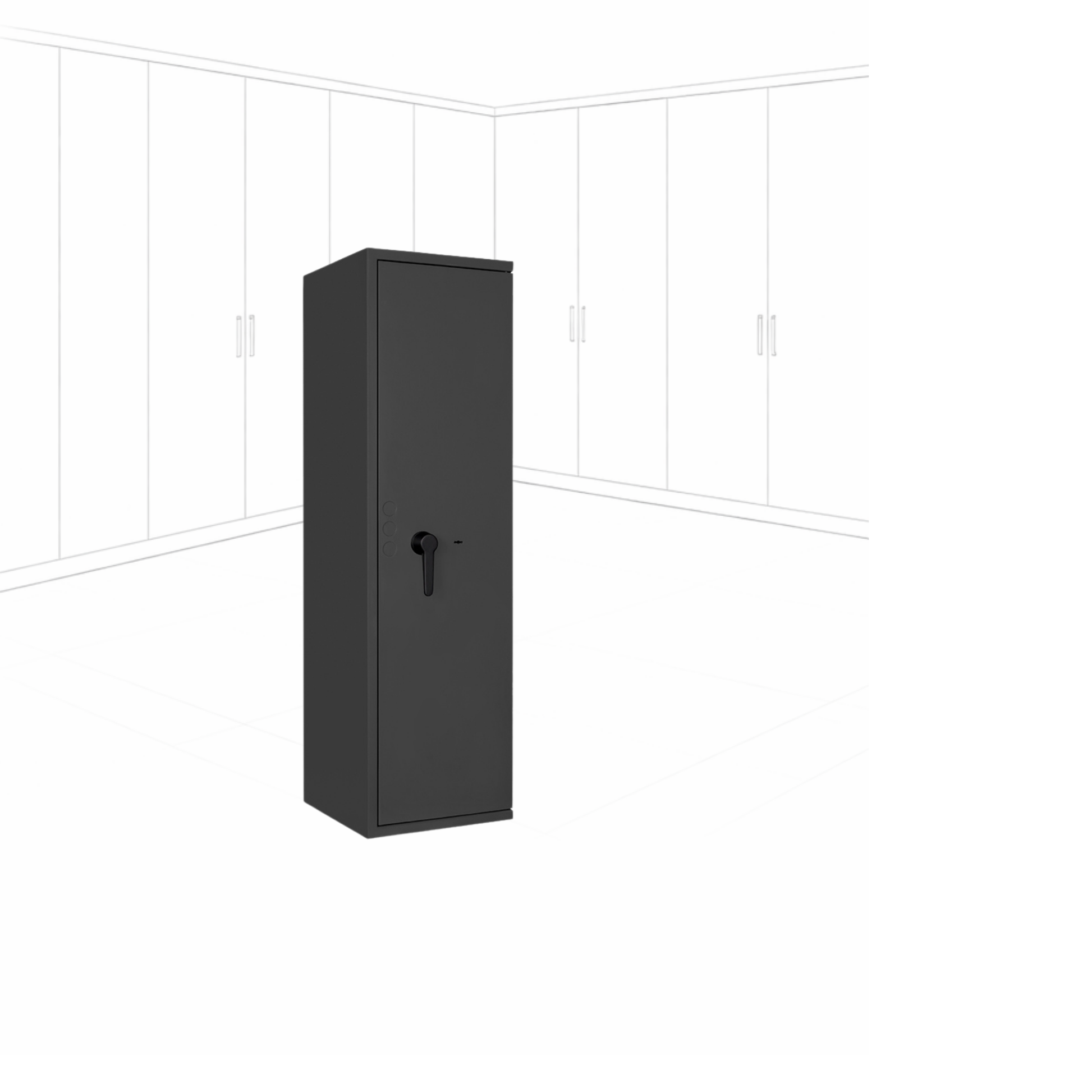 Geöffneter WertSicher Tresor Compact Format Lyra 12 in Graphitgrau mit Ablagefach und Wertgegenständen im Innenraum.