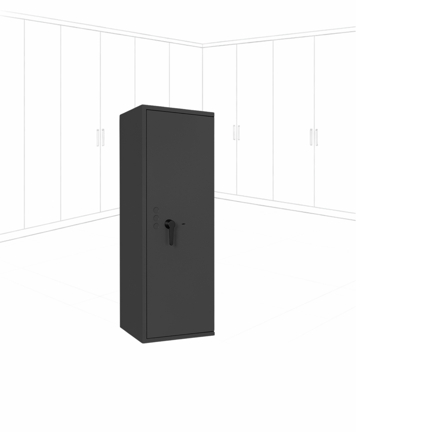 Geöffneter WertSicher Tresor Compact Format Lyra 14 in Graphitgrau mit Ablagefach und Wertgegenständen im Innenraum.