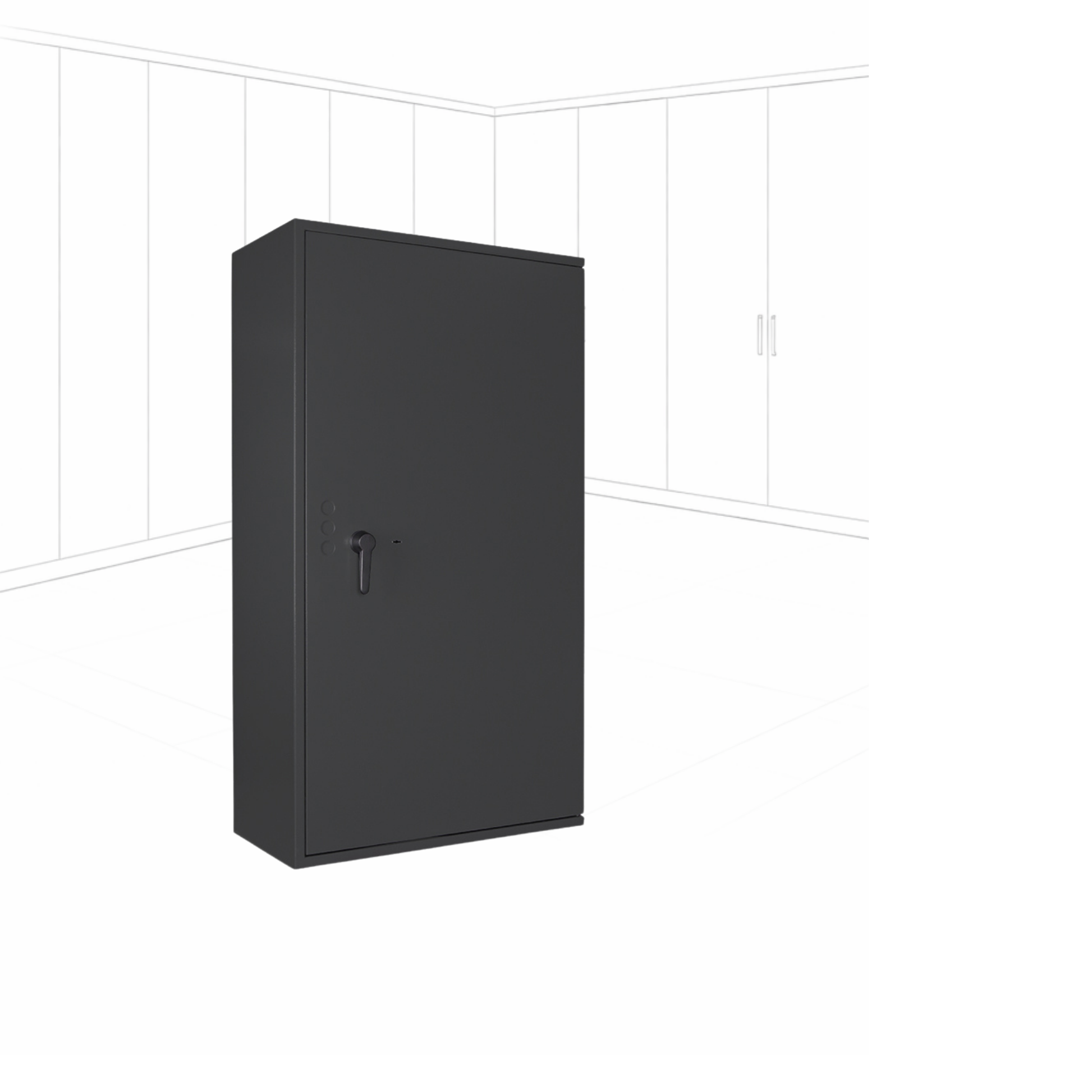 Geöffneter WertSicher Tresor Compact Format Lyra 18 in Graphitgrau mit Ablagefach und Wertgegenständen im Innenraum.