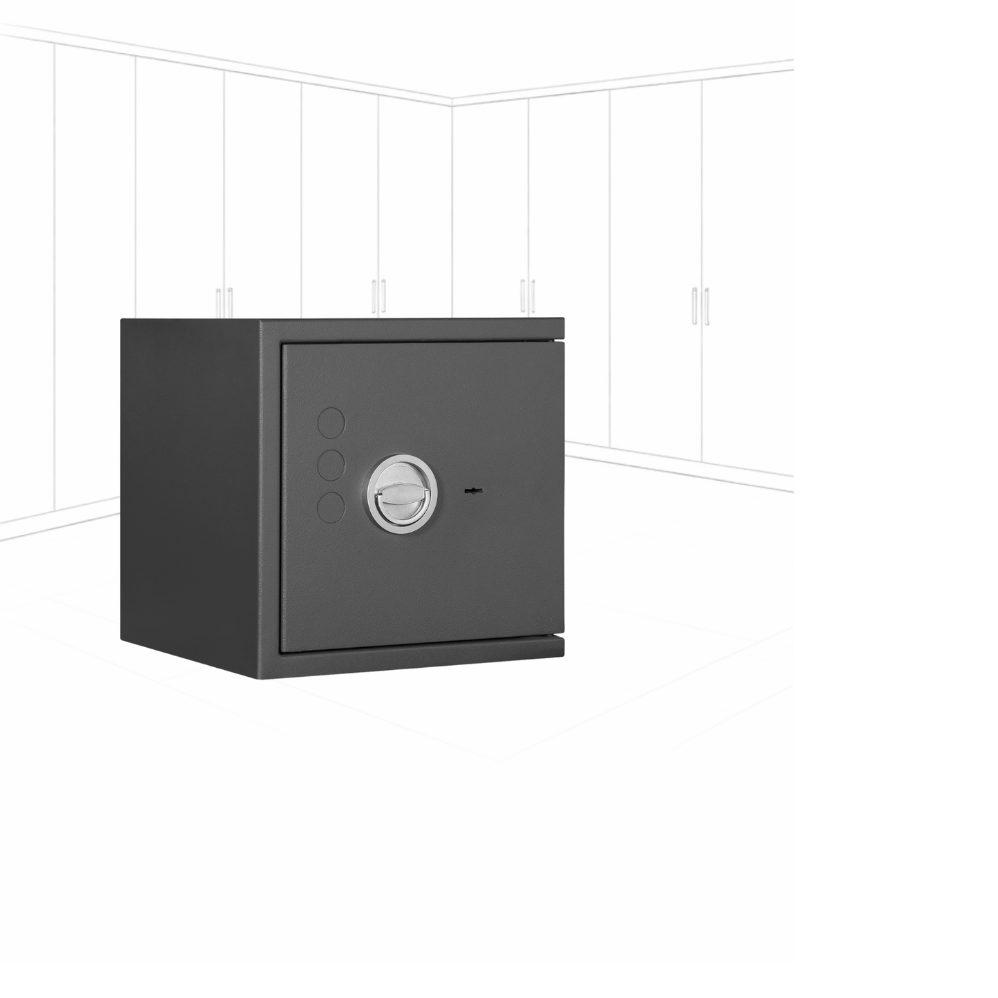 Geöffneter WertSicher Tresor Compact Format Lyra 2 in Graphitgrau mit Ablagefach und Wertgegenständen im Innenraum.