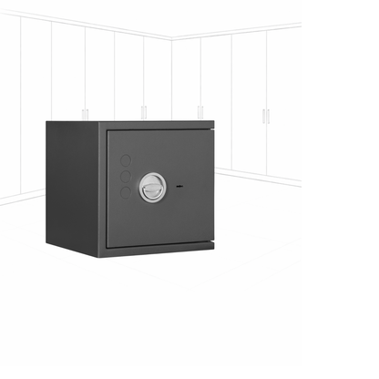 Geöffneter WertSicher Tresor Compact Format Lyra 2 in Graphitgrau mit Ablagefach und Wertgegenständen im Innenraum.