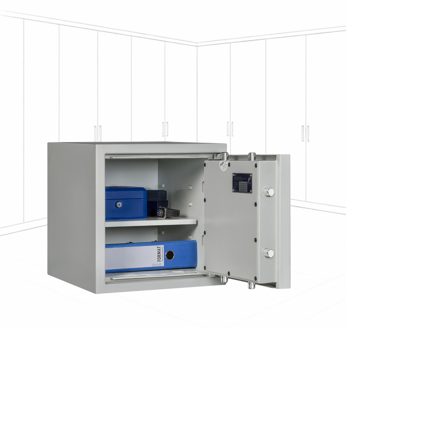 Geöffneter WertSicher Tresor Compact Format Lyra 2 in Lichtgrau mit Ablagefach und Wertgegenständen im Innenraum.