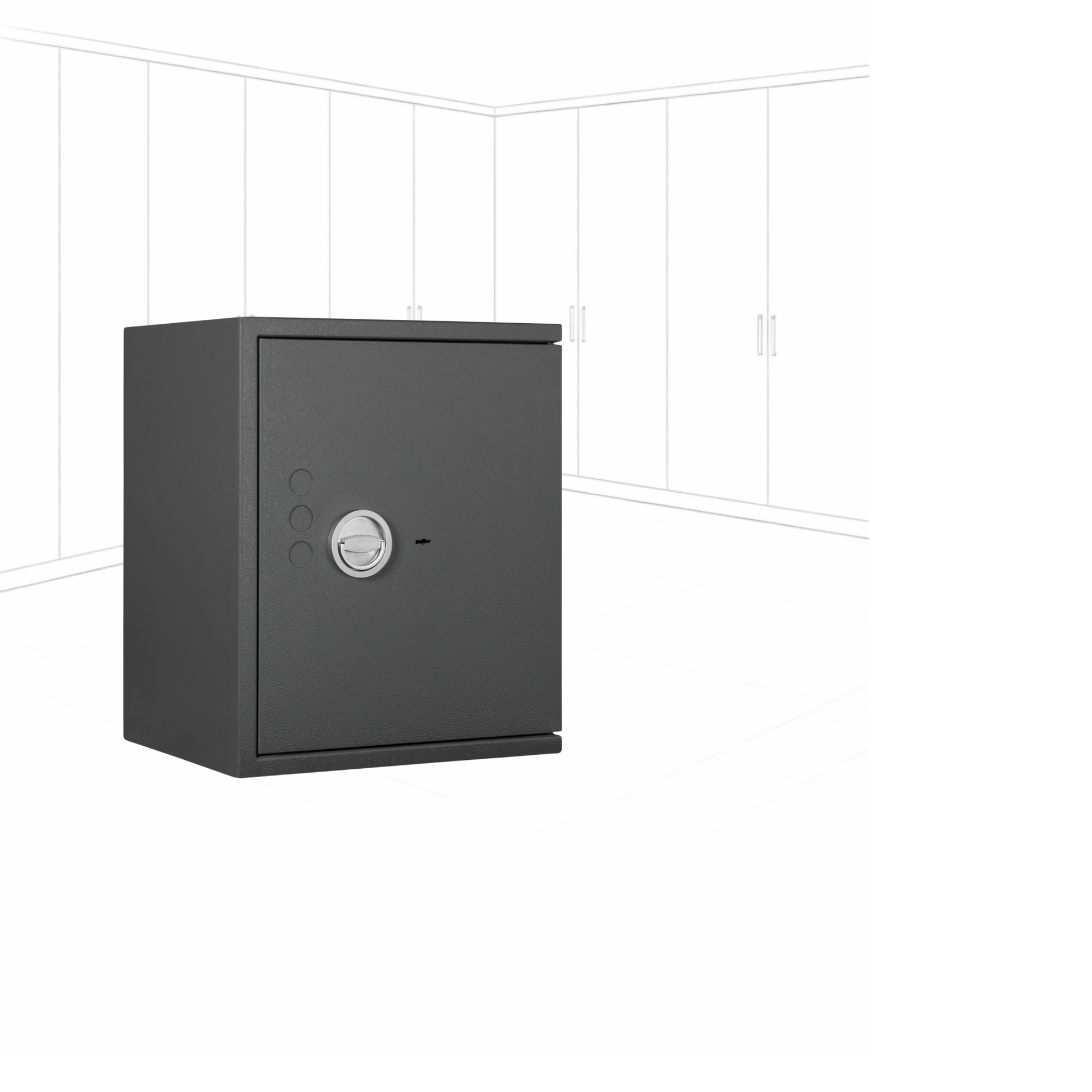 Geöffneter WertSicher Tresor Compact Format Lyra 3 in Graphitgrau mit Ablagefach und Wertgegenständen im Innenraum.