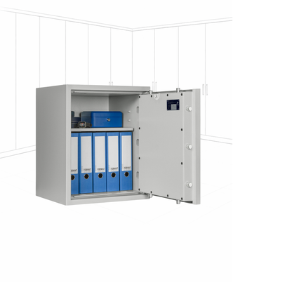 Geöffneter WertSicher Tresor Compact Format Lyra 3 in Lichtgrau mit Ablagefach und Wertgegenständen im Innenraum.