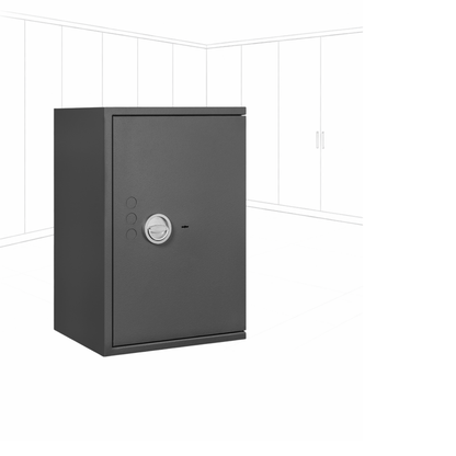 Geöffneter WertSicher Tresor Compact Format Lyra 4 in Graphitgrau mit Ablagefach und Wertgegenständen im Innenraum.