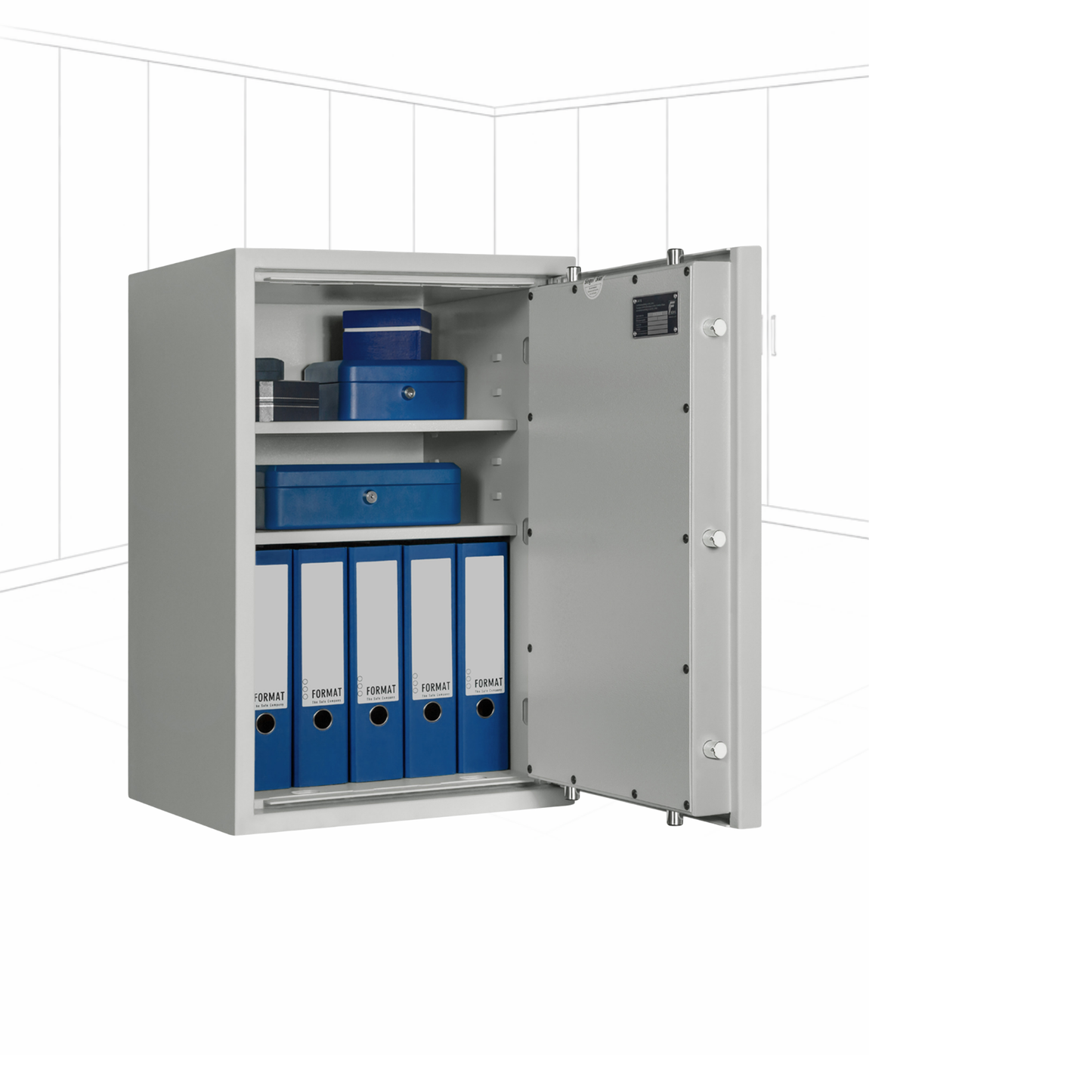 Geöffneter WertSicher Tresor Compact Format Lyra 4 in Lichtgrau mit Ablagefach und Wertgegenständen im Innenraum.