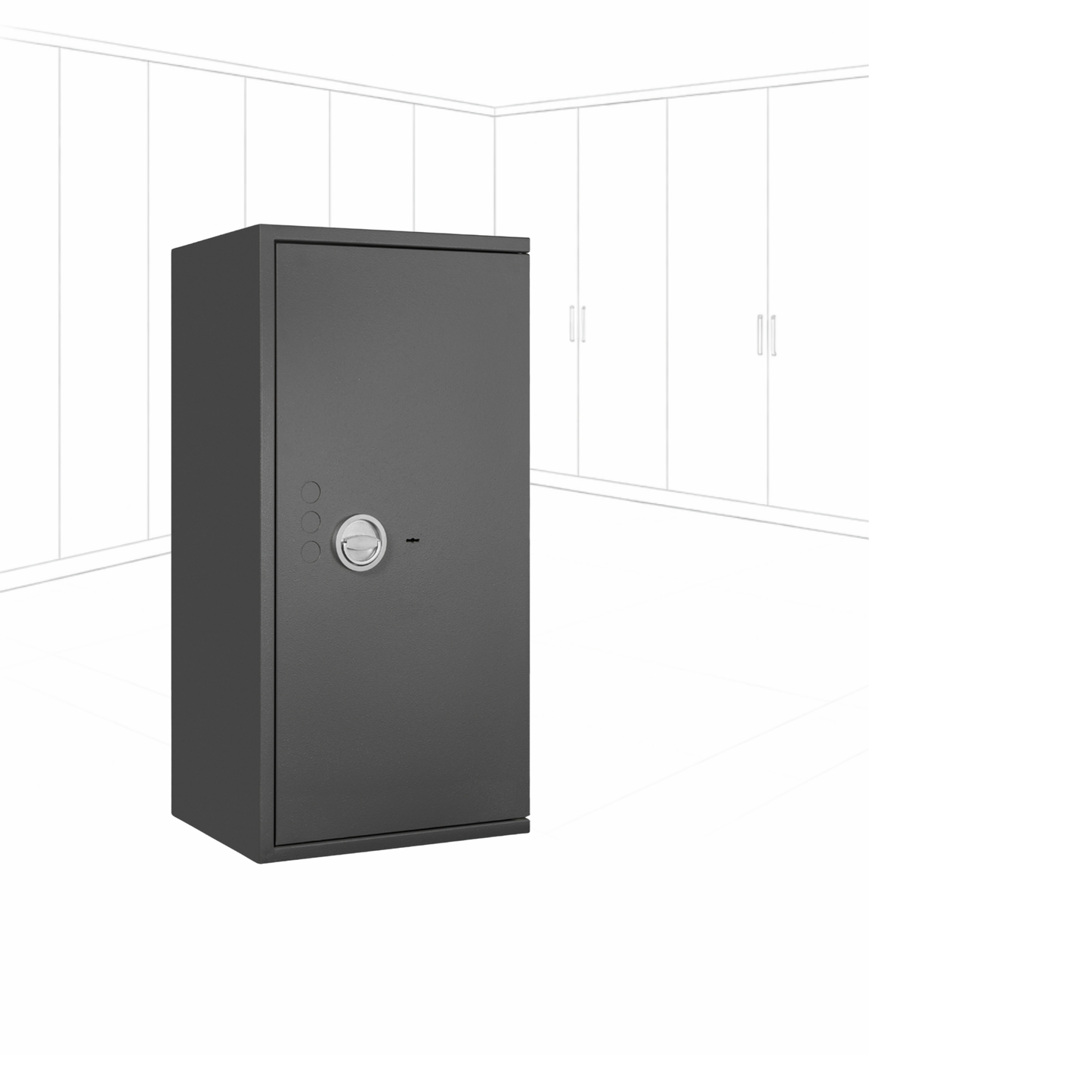 Geöffneter WertSicher Tresor Compact Format Lyra 5 in Graphitgrau mit Ablagefach und Wertgegenständen im Innenraum.