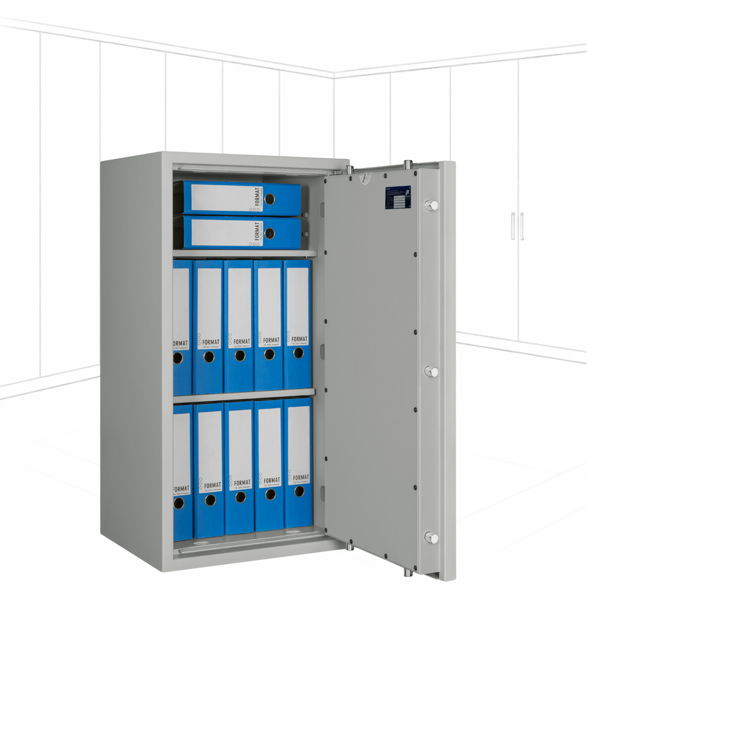 Geöffneter WertSicher Tresor Compact Format Lyra 5 in Lichtgrau mit Ablagefach und Wertgegenständen im Innenraum.