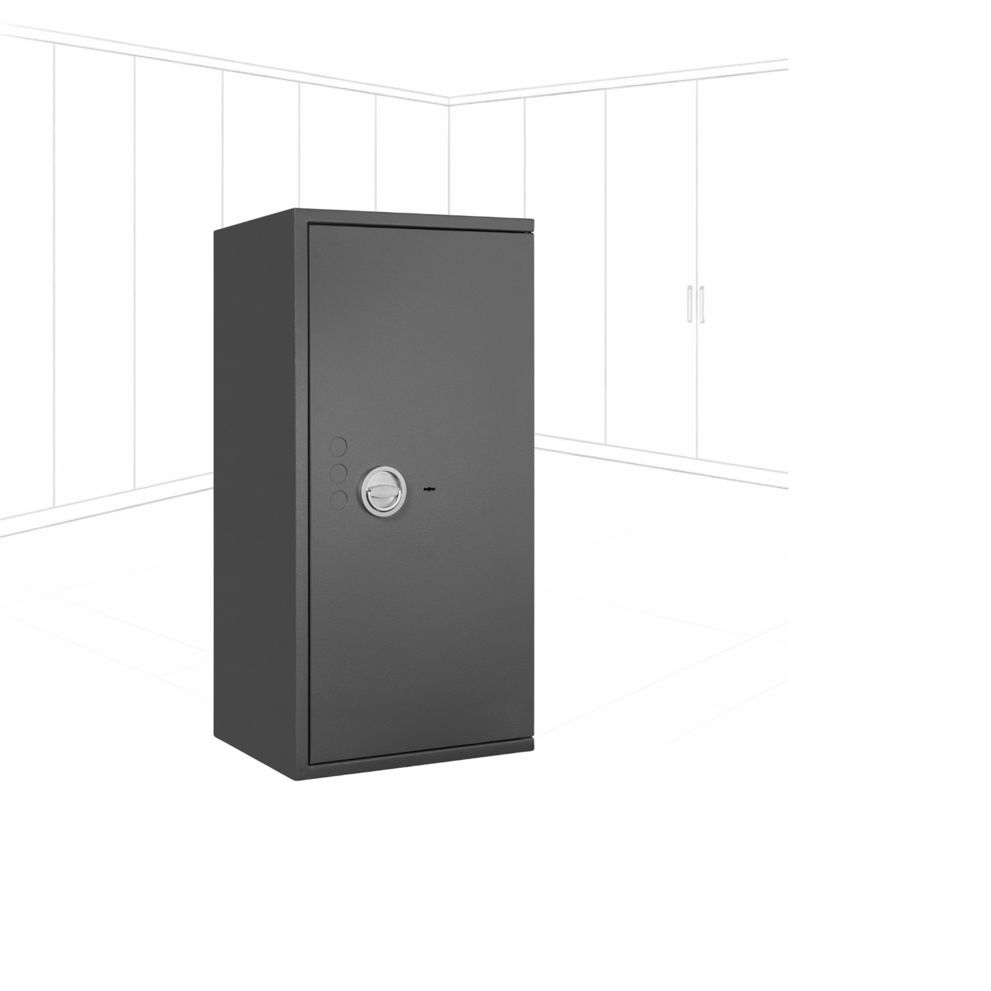 Geöffneter WertSicher Tresor Compact Format Lyra 7 in Graphitgrau mit Ablagefach und Wertgegenständen im Innenraum.