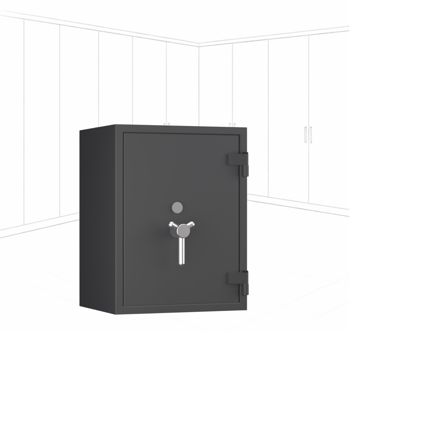 Geöffneter WertSicher Tresor Flex2 Format Topas Pro 20 in Graphitgrau mit Ablagefach und Wertgegenständen im Innenraum.
