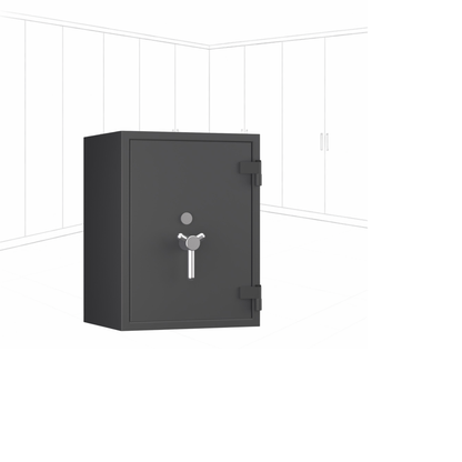 Geöffneter WertSicher Tresor Flex2 Format Topas Pro 20 in Graphitgrau mit Ablagefach und Wertgegenständen im Innenraum.