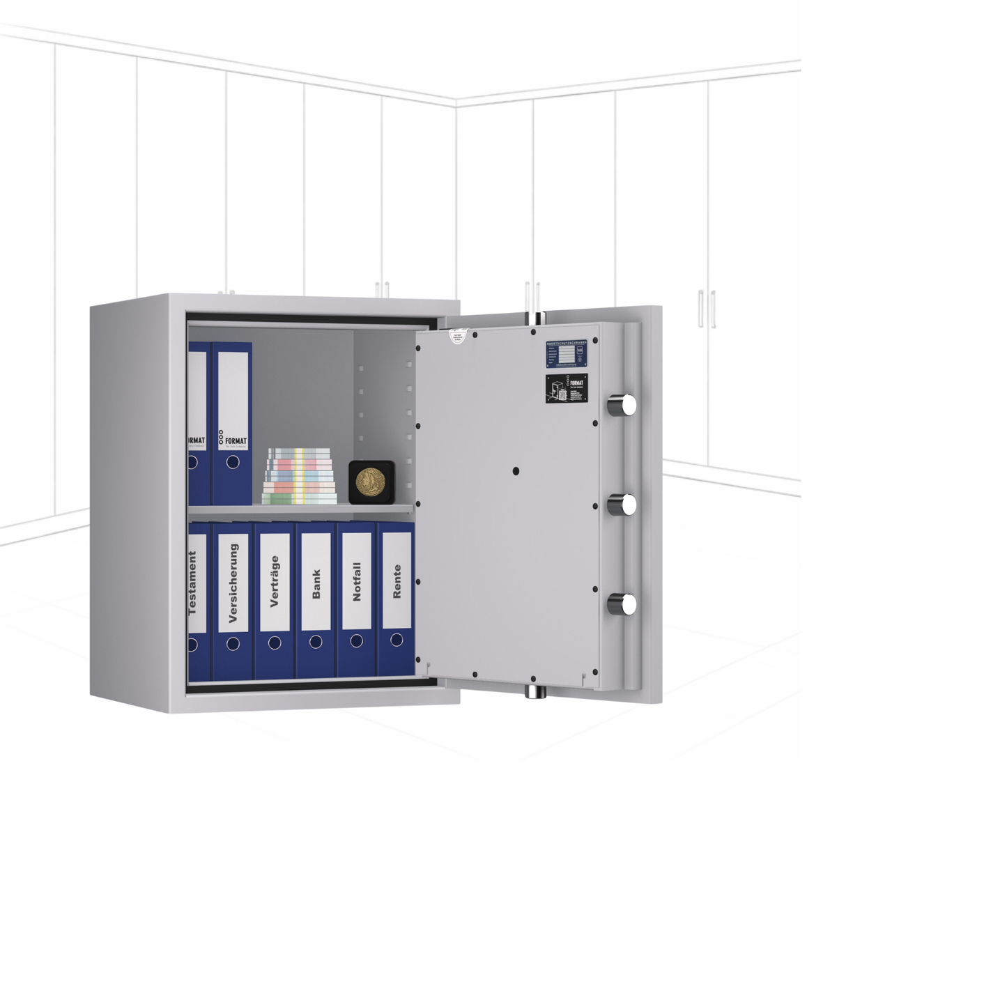 Geöffneter WertSicher Tresor Flex2 Format Topas Pro 20 in Lichtgrau mit Ablagefach und Wertgegenständen im Innenraum.