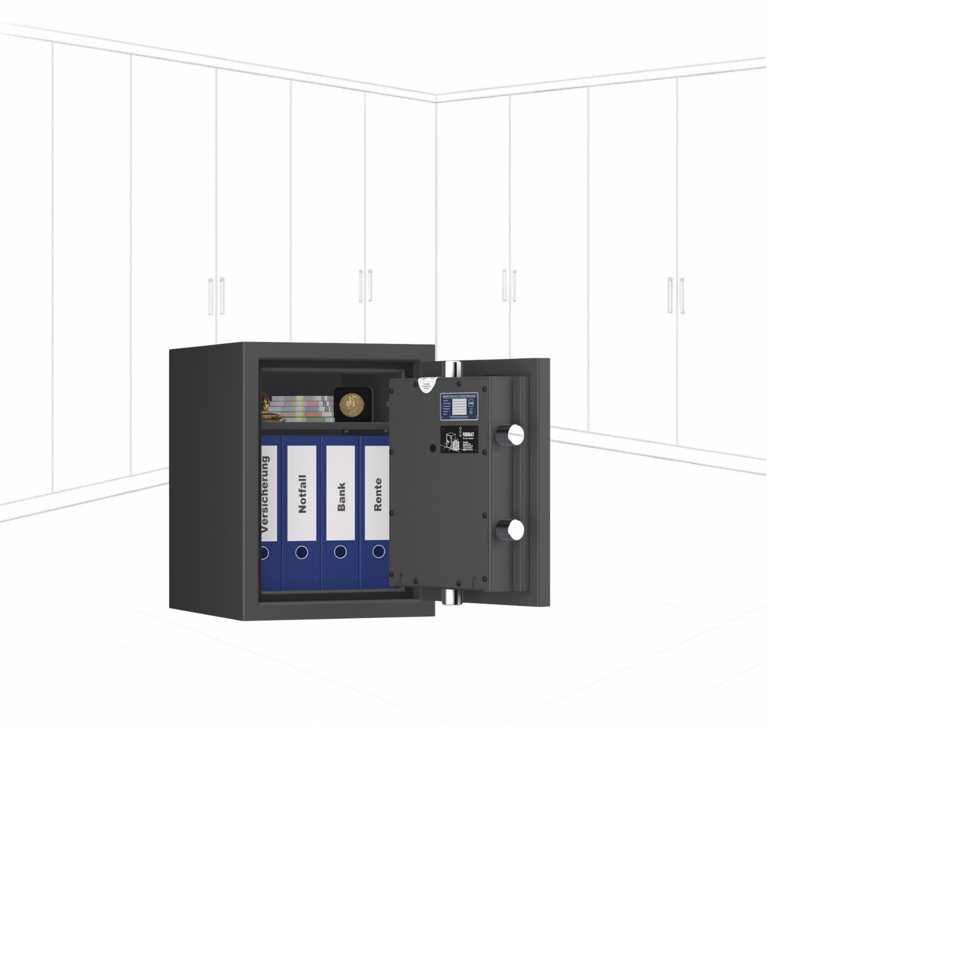 Geöffneter WertSicher Tresor Flex2 Format Topas Pro 3 in Graphitgrau mit Ablagefach und Wertgegenständen im Innenraum.