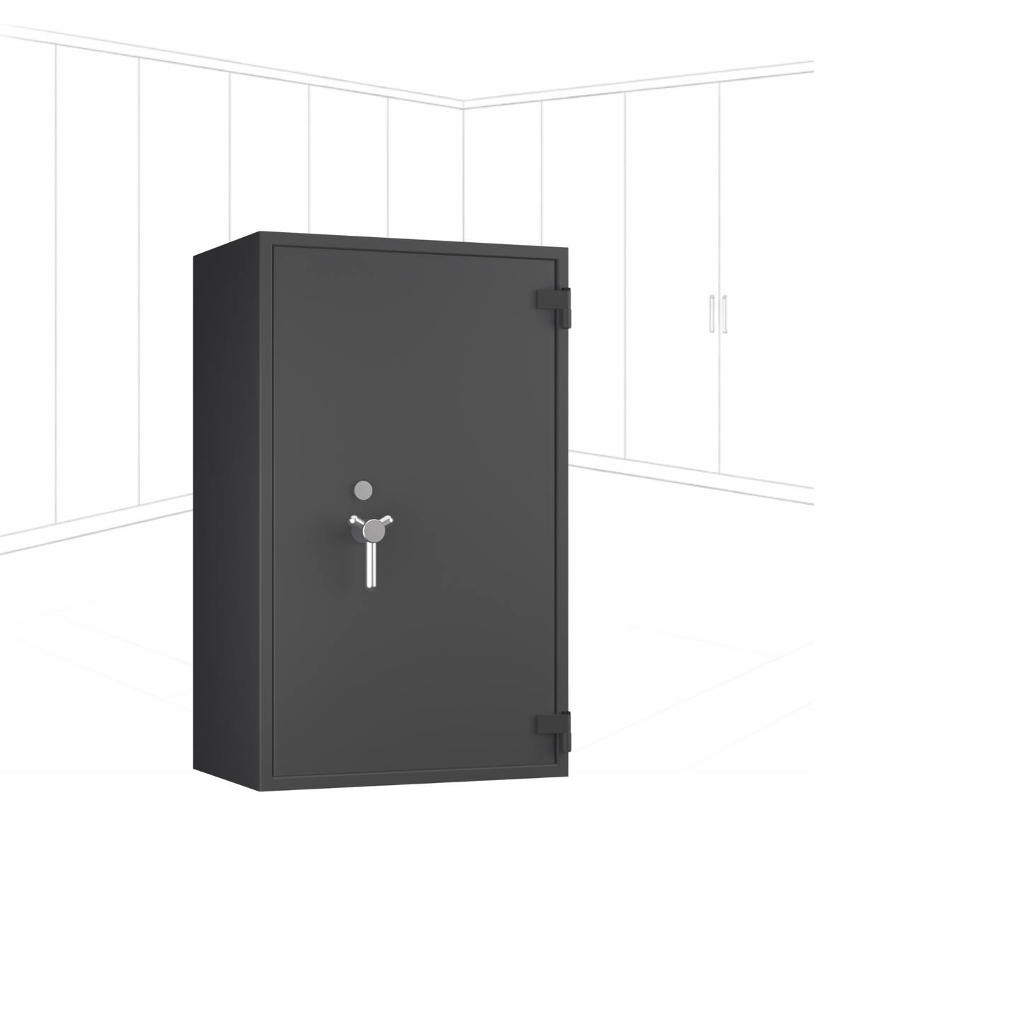 Geöffneter WertSicher Tresor Flex2 Format Topas Pro 50 in Graphitgrau mit Ablagefach und Wertgegenständen im Innenraum.