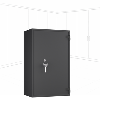 Geöffneter WertSicher Tresor Flex2 Format Topas Pro 50 in Graphitgrau mit Ablagefach und Wertgegenständen im Innenraum.
