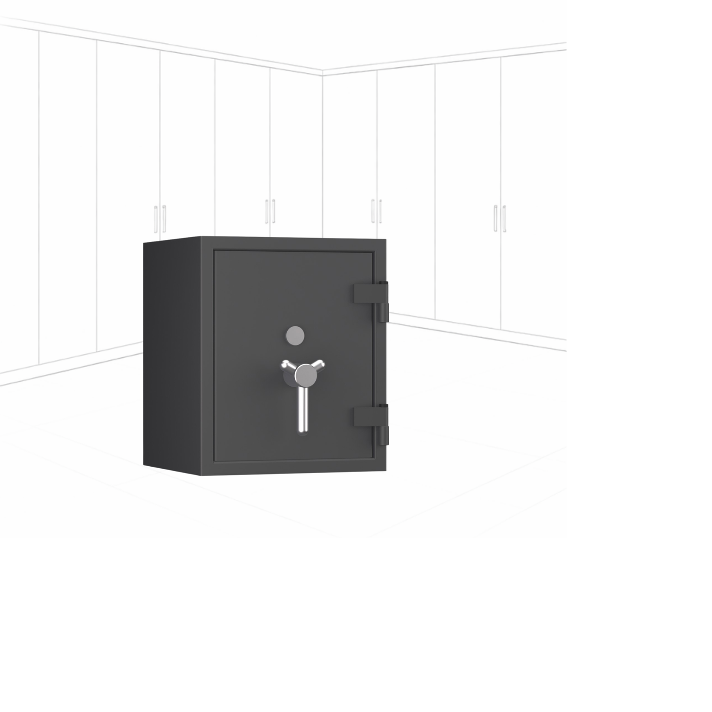 Geöffneter WertSicher Tresor Flex2 Format Topas Pro 5 in Graphitgrau mit Ablagefach und Wertgegenständen im Innenraum.