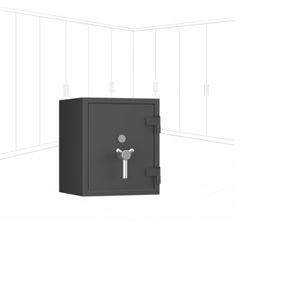 Geöffneter WertSicher Tresor Flex2 Format Topas Pro 5 in Graphitgrau mit Ablagefach und Wertgegenständen im Innenraum.