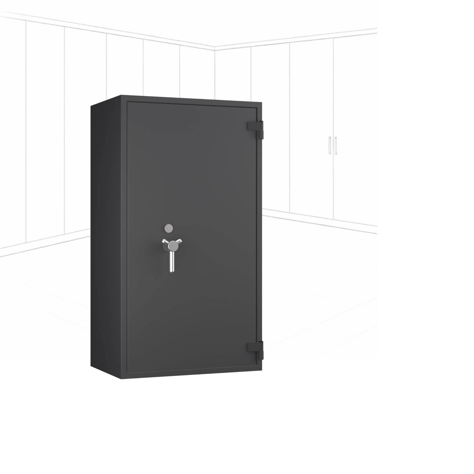 Geöffneter WertSicher Tresor Flex2 Format Topas Pro 60 in Graphitgrau mit Ablagefach und Wertgegenständen im Innenraum.