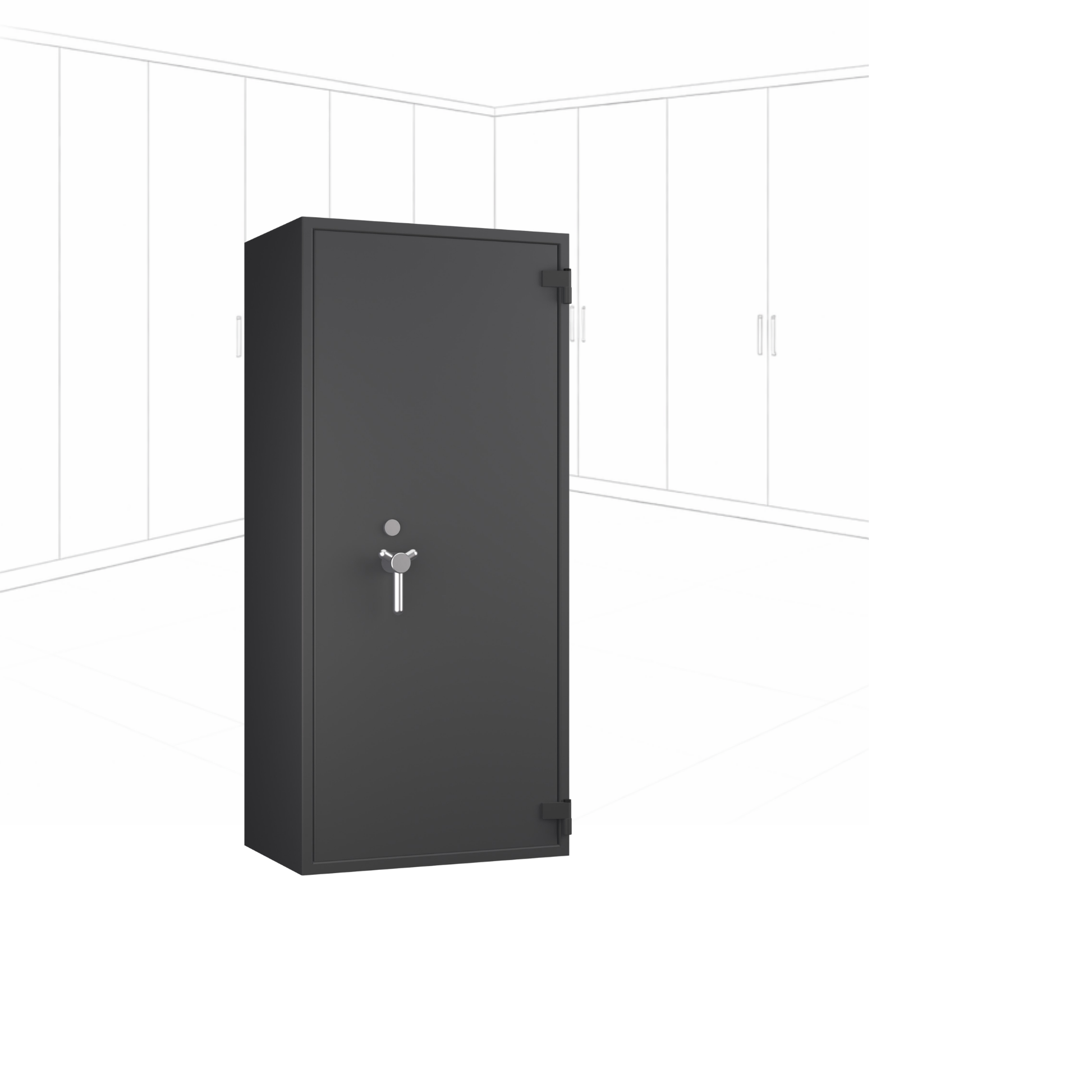 Geöffneter WertSicher Tresor Flex2 Format Topas Pro 65 in Graphitgrau mit Ablagefach und Wertgegenständen im Innenraum.
