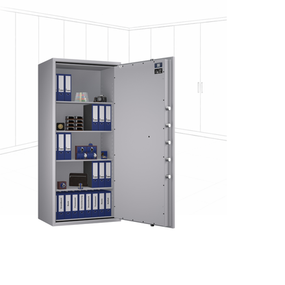 Geöffneter WertSicher Tresor Flex2 Format Topas Pro 65 in Lichtgrau mit Ablagefach und Wertgegenständen im Innenraum.