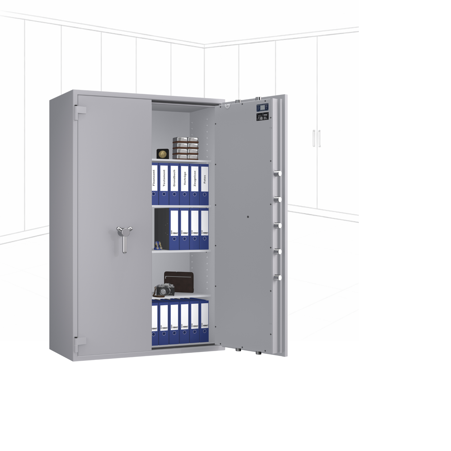 Geöffneter WertSicher Tresor Flex2 Format Topas Pro 70 in Lichtgrau mit Ablagefach und Wertgegenständen im Innenraum.